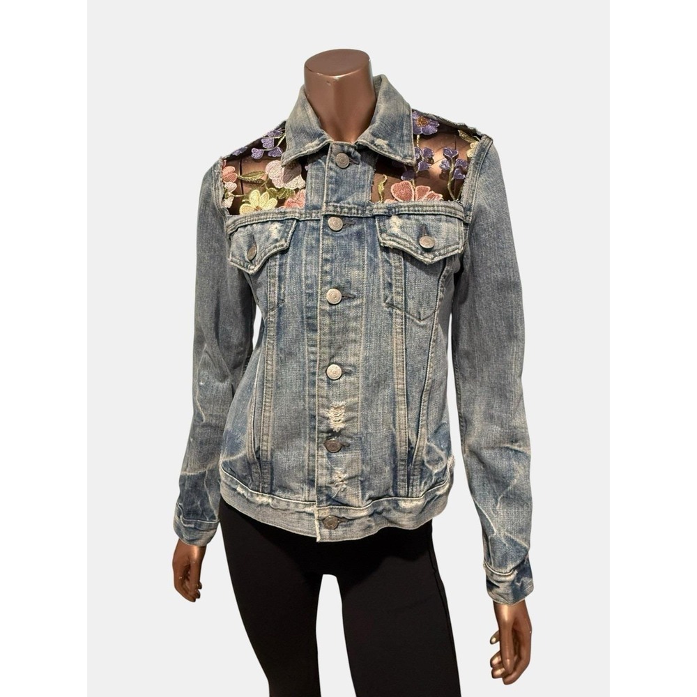 Vintage Floral Embroidered Mesh Patchwork Hippie Eclectic Denim Jacket Boho/2